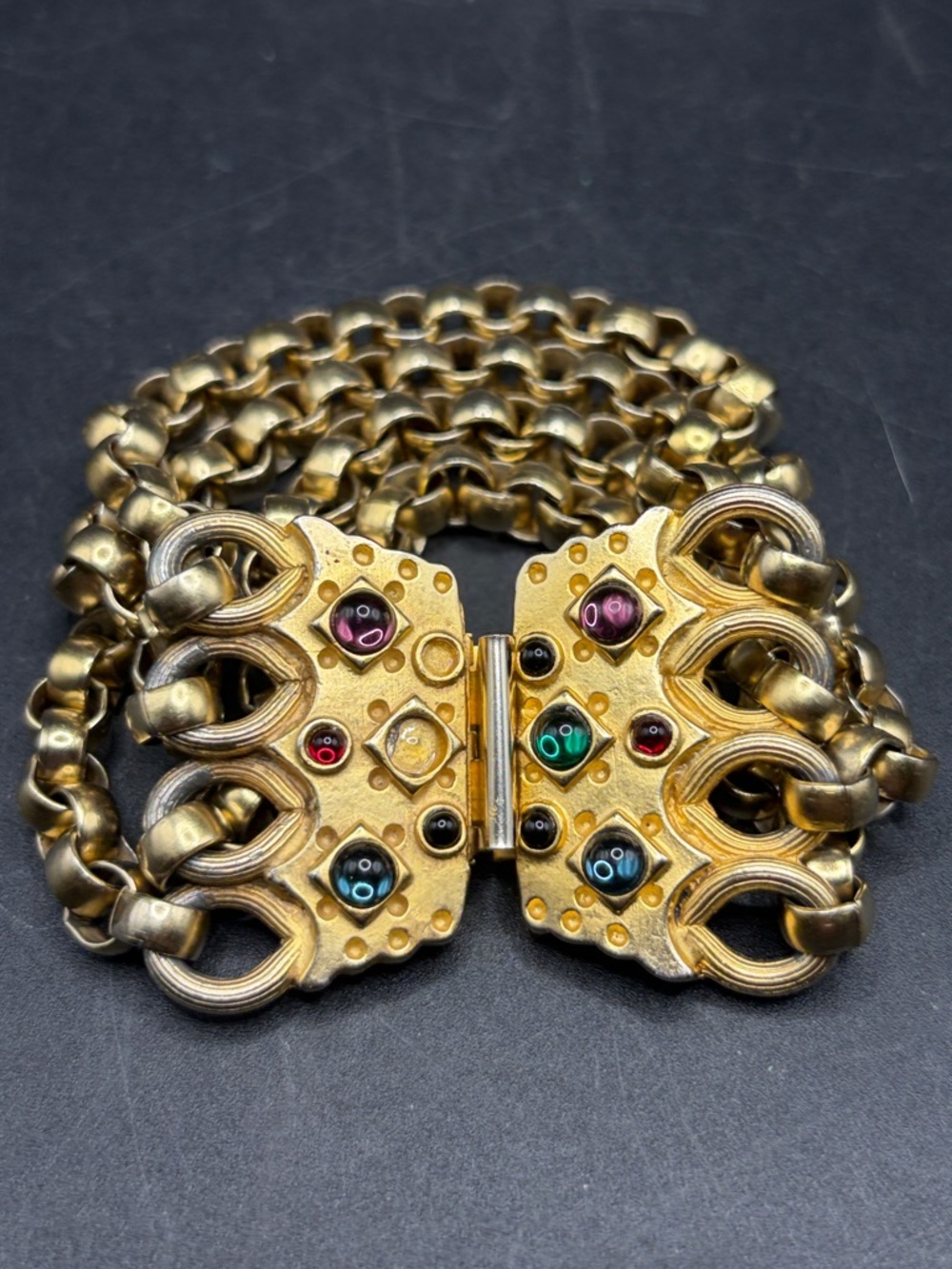 Vintage 90s Byzantine Style Multi Chain Gold Tn Bracelet Multicolor Cabochons